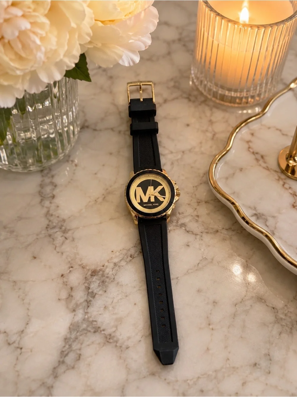 Michael Kors Black and Gold MK Logo Silicone Strap Watch